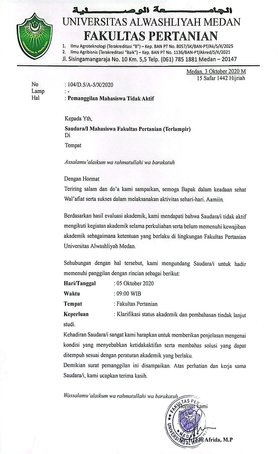 Pemanggilan Mahasiswa Tidak Aktif