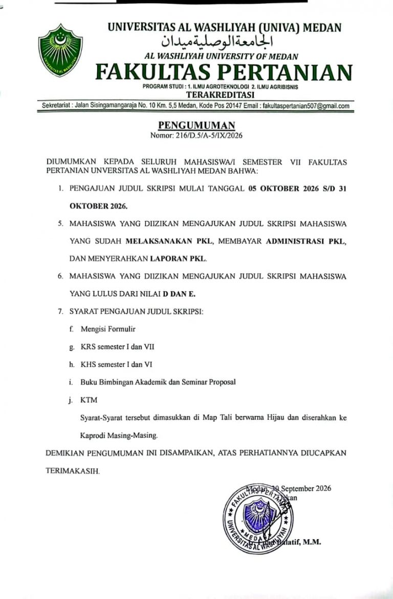 PENGUMUMAN PENGAJUAN JUDUL SKRIPSI TAHUN AKADEMIK 2026-2027